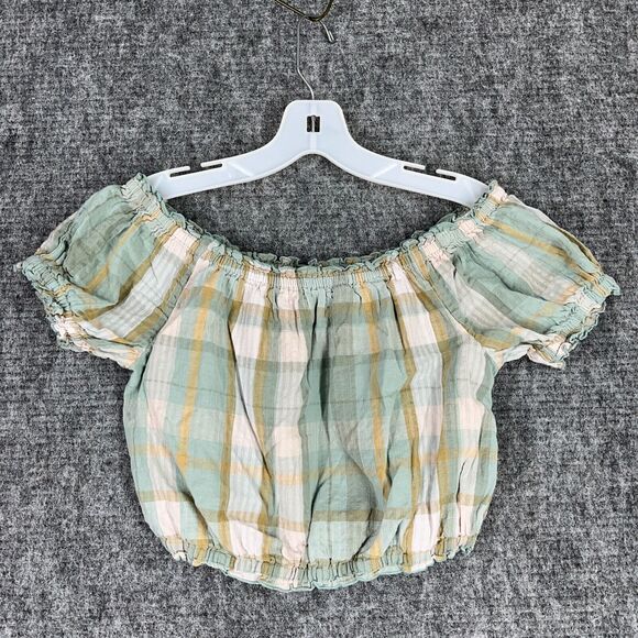 American Eagle Shirt Womens Extra S Green Linen Plaid Cropped Off Shoulder Puff - Picture 1 of 7
